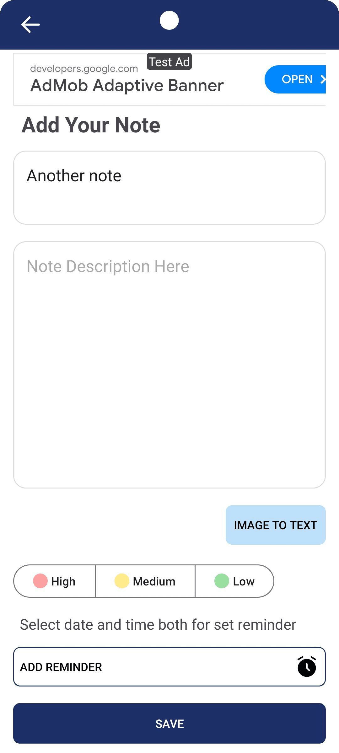 add note screen of zis notes app