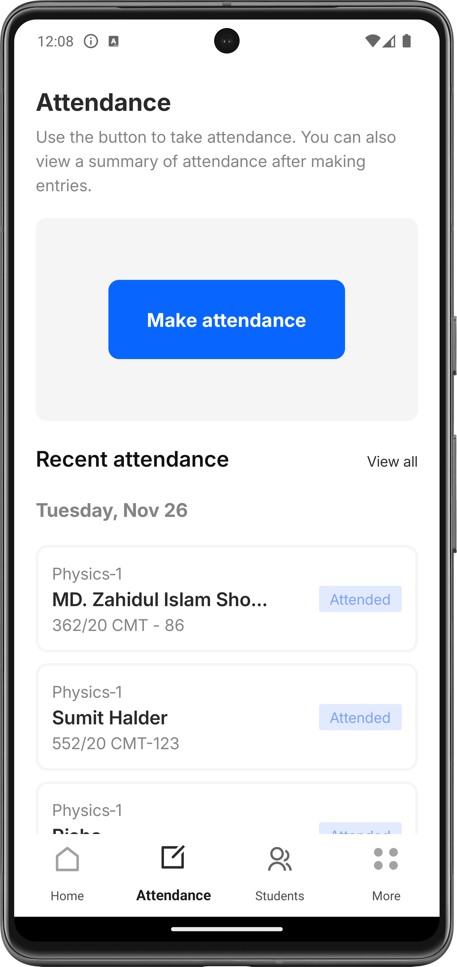 attendance screen of log polytechnic