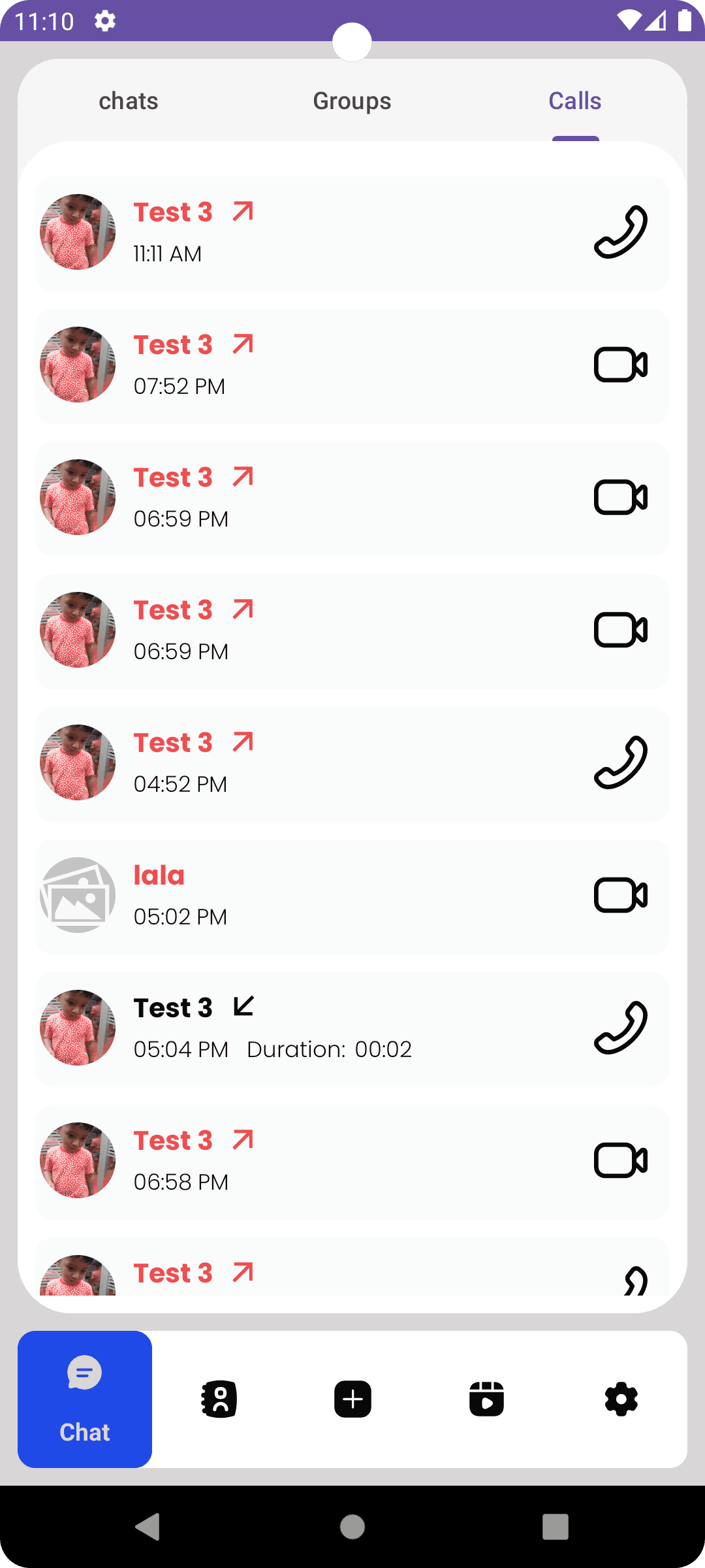 call tracking screen of micro chat app