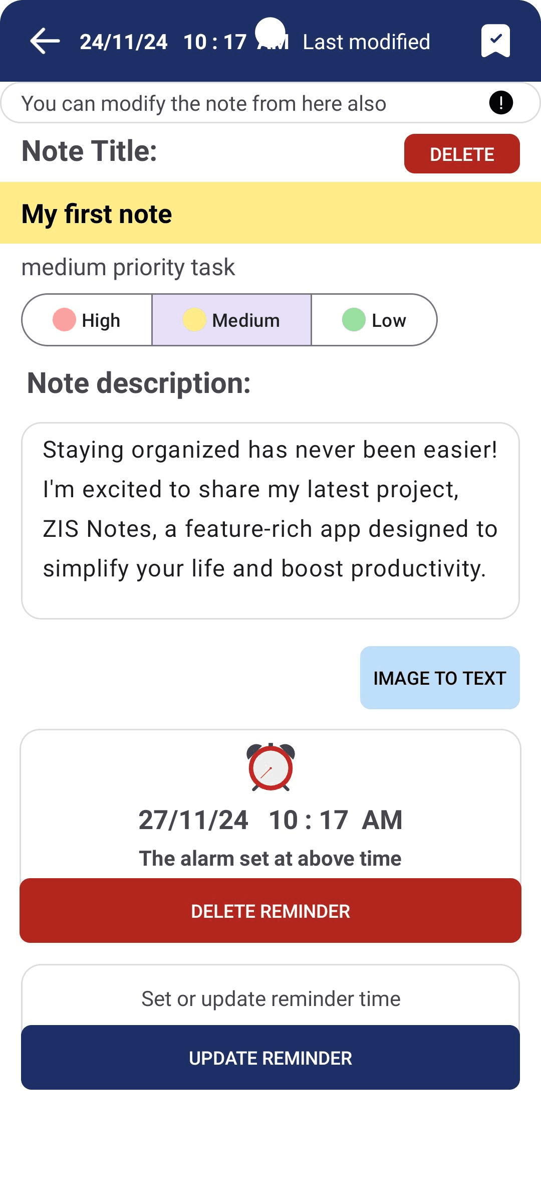 details screen of zis notes app