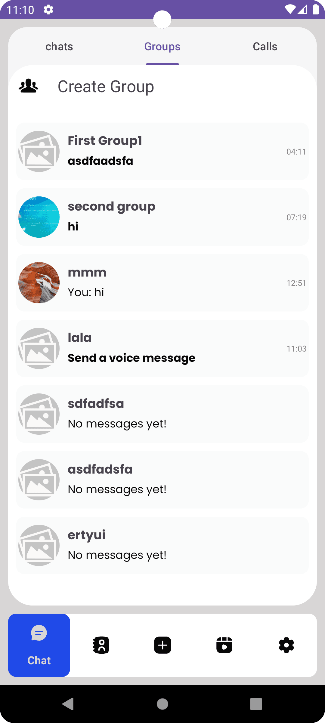 groups screen of micro chat app