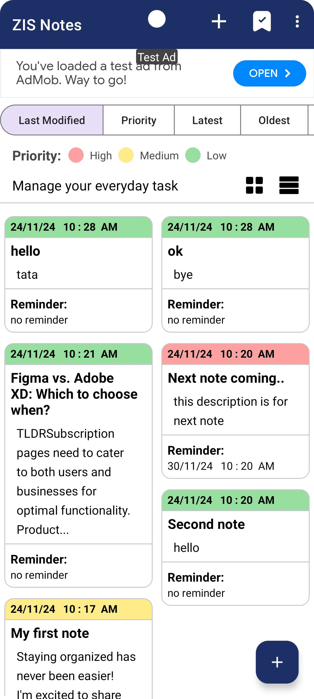 home screen of zis notes app