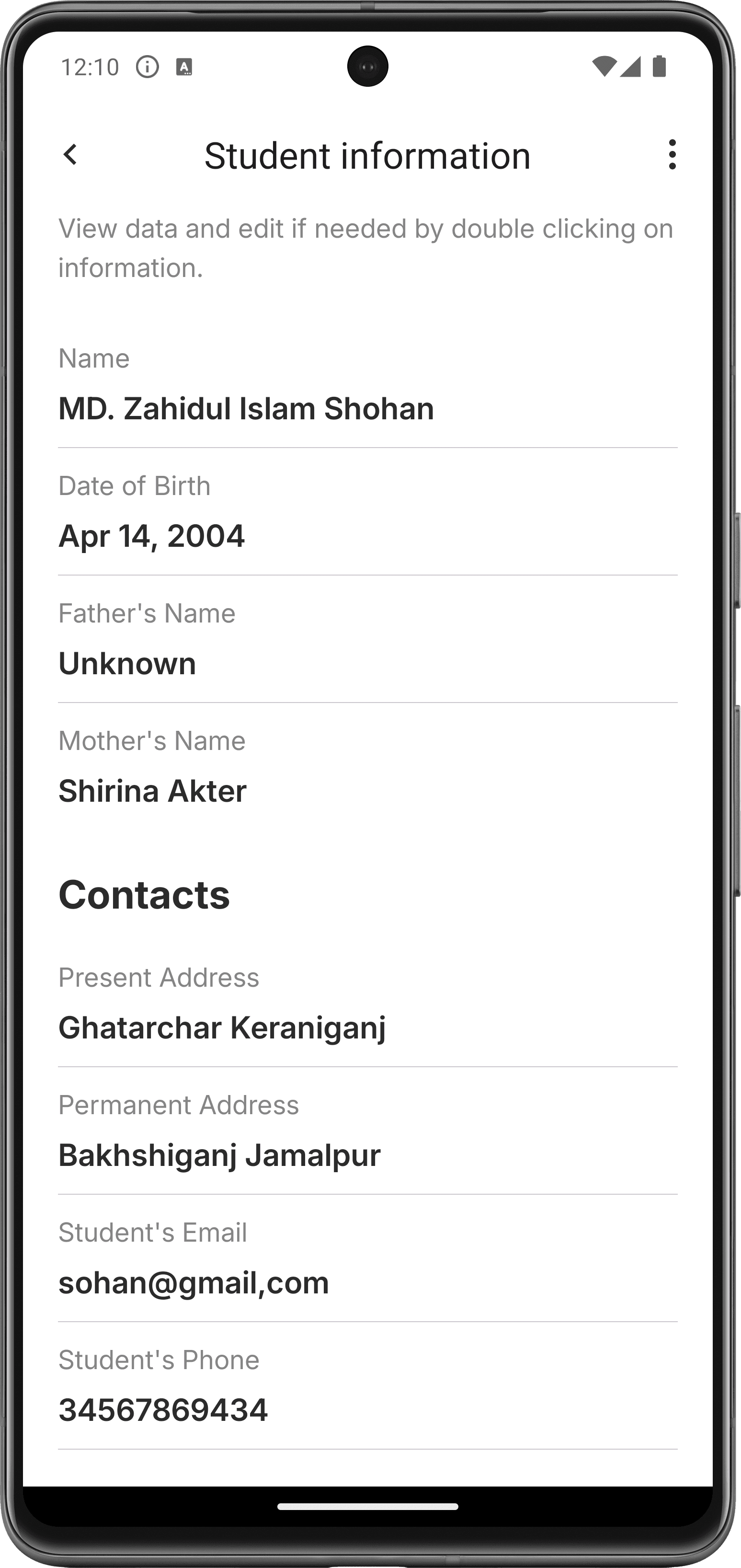 student personal info list screen of log polytechnic