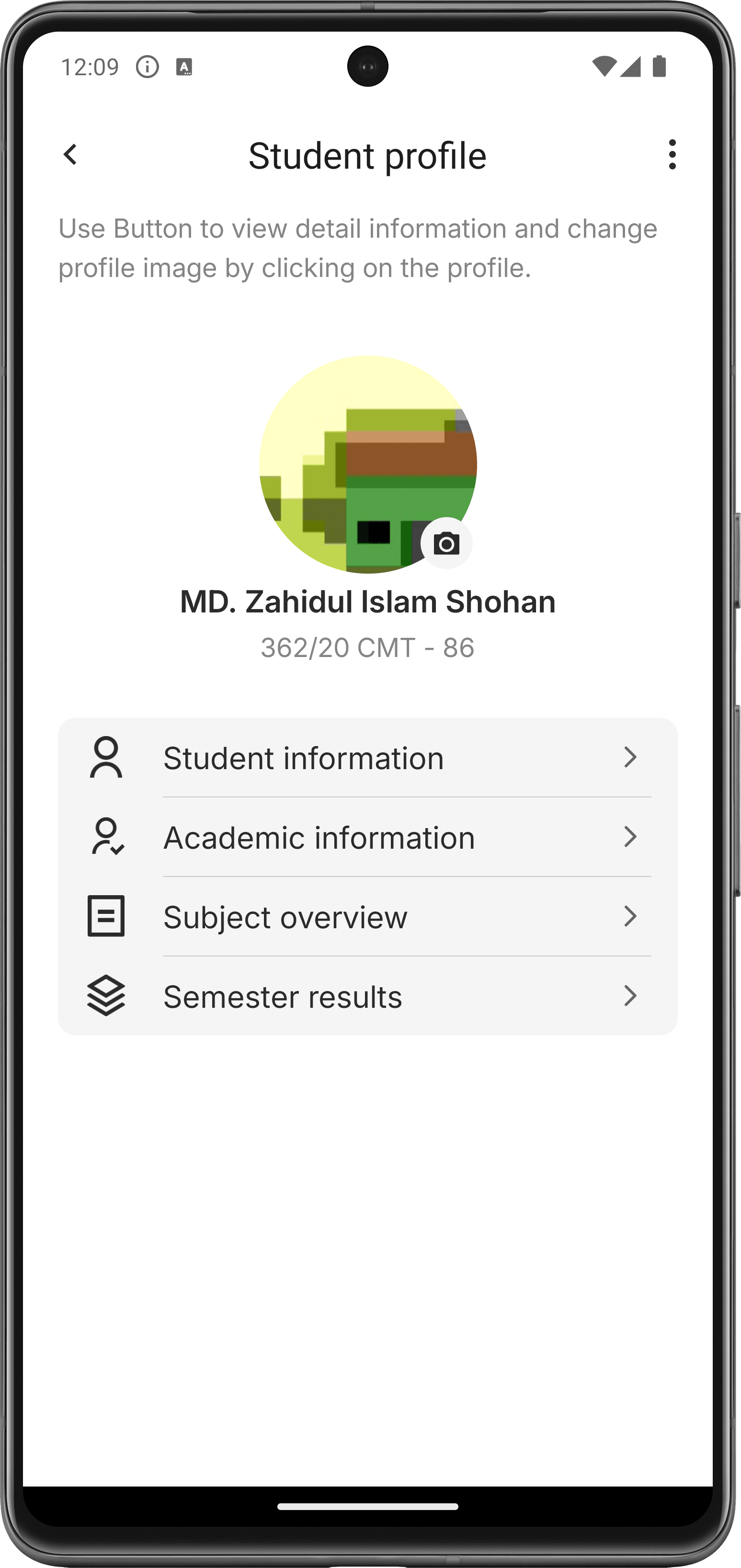 student profile screen of log polytechnic