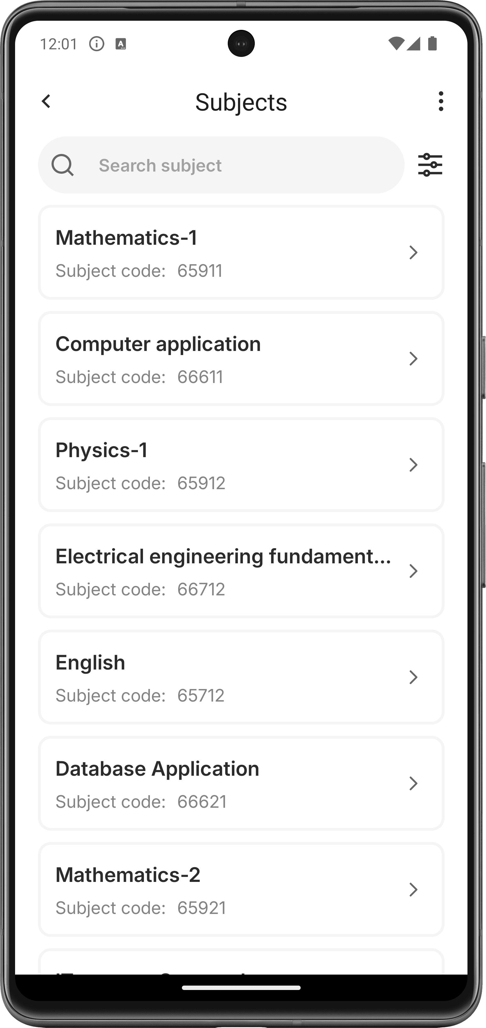 subject list screen of log polytechnic